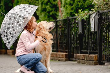 Golden Retriever köpeğiyle sokakta şemsiye altında oturan ve arkasına bakan genç bir kız. Yağmurlu günlerde evcil köpeği olan güzel bir çocuk.