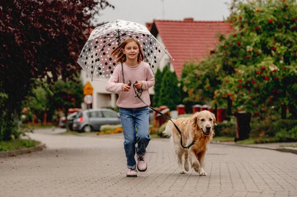 Předpuberťačka Zlatým Retrívrem Běžící Spolu Ven Hezké Dítě Čistokrevným Mazlíčkem — Stock fotografie