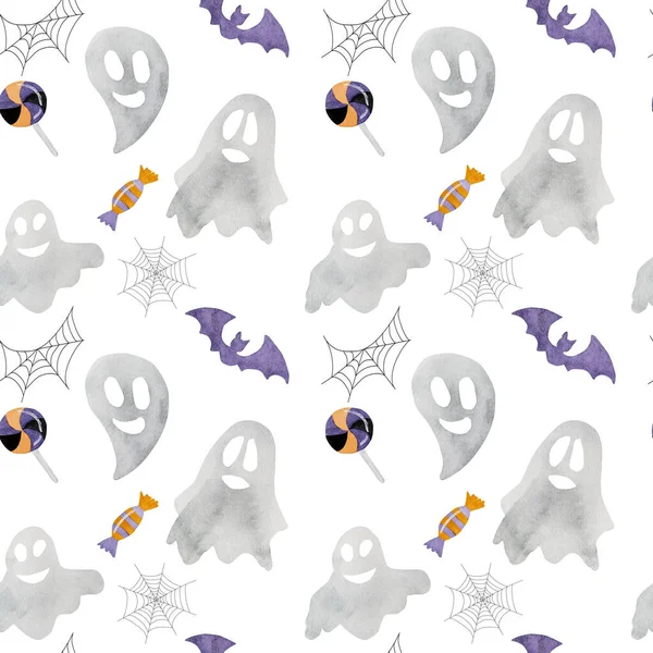 Halloween Aquarela Sem Costura Padrão Wih Fantasmas Morcegos Fundo Branco — Fotografia de Stock