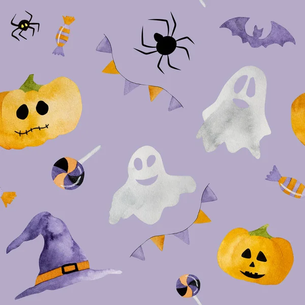 Illustration Aquarelle Halloween Avec Fantômes Chauves Souris Citrouilles Automne Octobre — Photo