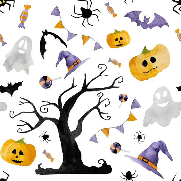 Halloweenfargeillustrasjon Viser Spøkelser Flaggermus Gresskar Skremmende Julepynt Med Edderkopper Heksehatter – stockfoto