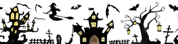 Halloweenfargeillustrasjon Med Hekser Trehus Flaggermus Sømløst Mønster Oktober Høsten Mysteriens – stockfoto
