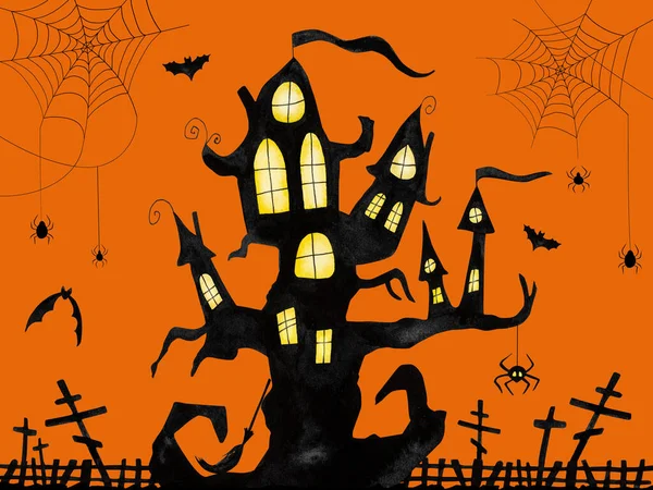 Halloweenfargeillustrasjon Med Trehus Edderkoppnett Flaggermus Oransje Bakgrunn Oktober Høstens Skumle – stockfoto