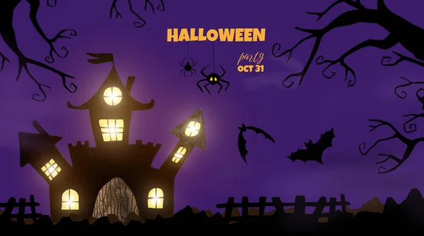 Halloween Akvarel Ilustrace Stromem Dům Netopýři Tmavá Silueta Noci Děsivé — Stock fotografie