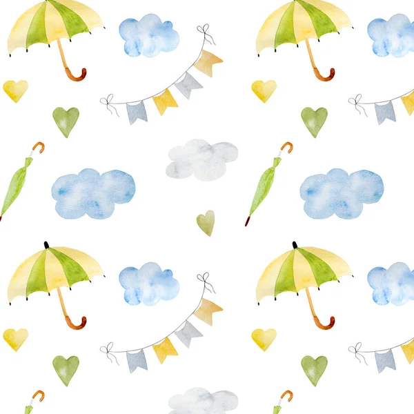 Autumn seamless pattern with umbrella and cloud watercolor paintings. Seasonal fall aquarelle drawings