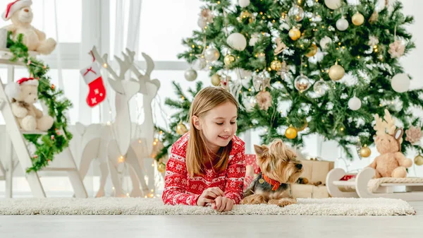 Arka Planda Noel Ağacıyla Yerde Yatan Köpekli Kız Çocuğu Çocuk — Stok fotoğraf