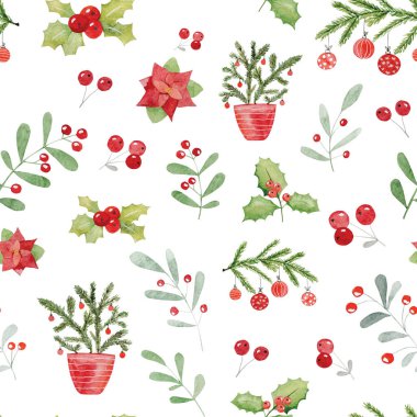 Mutlu Noel süslemeleri. Çam ağacı ve ökseotu yapraklı suluboya resim. Kova bayramı xmas kartpostal doğa elementi