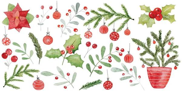 メリークリスマスと幸せな新年の装飾冬の水彩画セット アクエレルホリデークリスマスのお祝いのポストカード — ストック写真