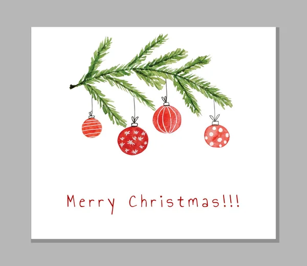 松の木とお祝いのボールとメリークリスマスの装飾冬の水彩画 アクエラレホリデークリスマスポストカード — ストック写真