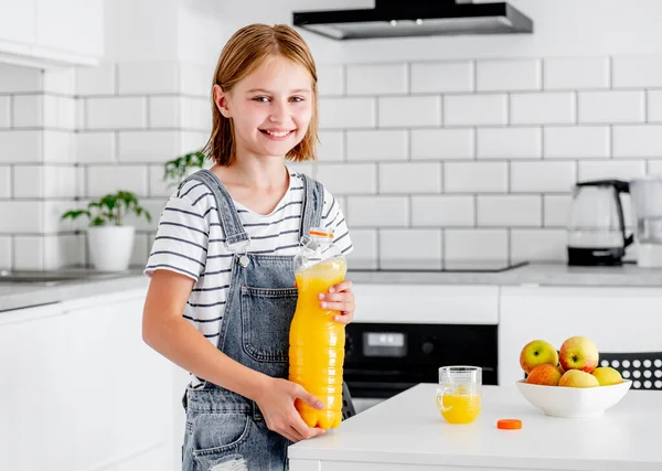 Preteen Girl Orange Juice Bottle Glass Kitchen Pretty Child Kid — Stock Fotó