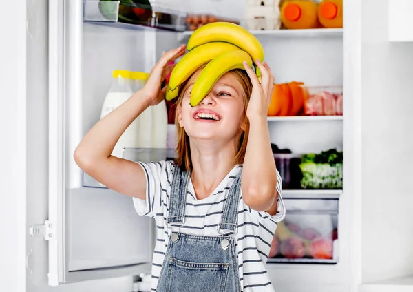 Preteen Girl Bananas Vitamin Healthy Food Kitchen Pretty Child Kid — Fotografia de Stock