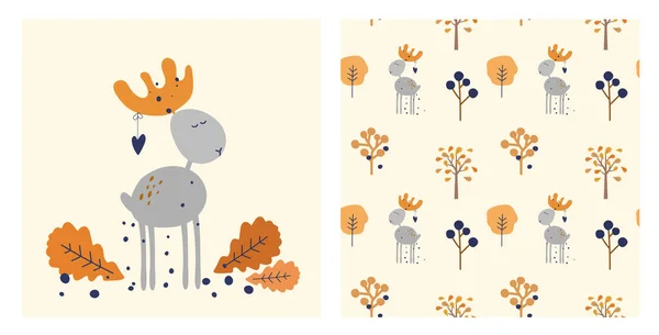 Autumn deer elk with orange leaves vector illustration. Cartoon fall drawing for postcard