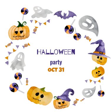 Cadılar Bayramı vektörü suluboya balkabağı, hayalet ve fotokopi alanı olan komik tatil kartpostalları için yarasa resmi. Dekorasyon için sonbahar korkunç sebzeler