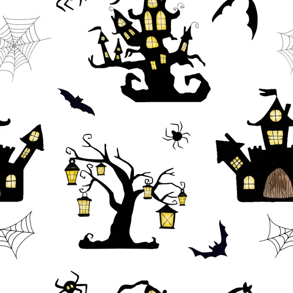 Halloween Vektor Akvarell Zökkenőmentes Minta Wih Szellemek Denevérek Fehér Háttér — Stock Vector