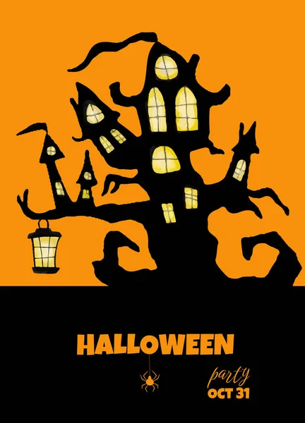 Halloween Vektor Akvarell Illusztráció Ház Pókháló Denevérek Sziluett Narancssárga Alapon — Stock Vector