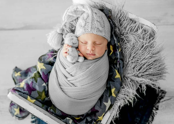 Newborn Baby Boy Sleeping Fur Tiny Bed Adorable Infant Child — Stock Photo, Image