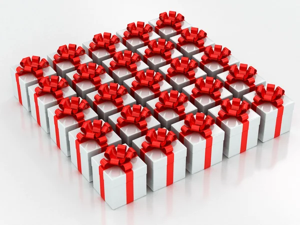 White gift boxes with red ribbon — Stock Photo, Image