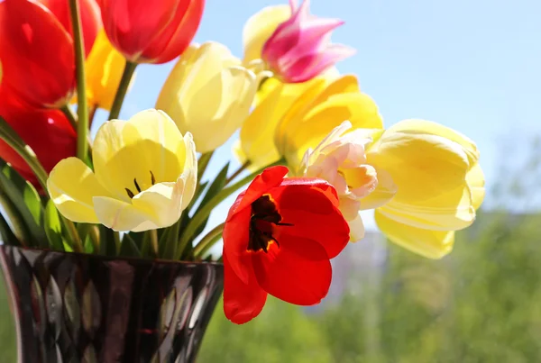 Boeket van kleurrijke spring tulpen in een vaas — Stockfoto