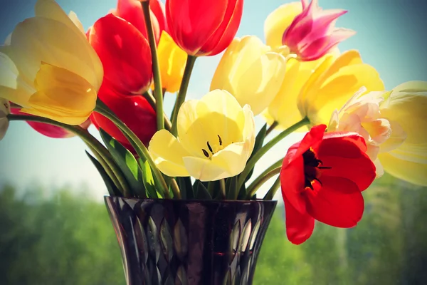 Boeket van kleurrijke spring tulpen in een vaas — Stockfoto