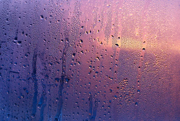 Gotas Agua Natural Luz Solar Vidrio Ventana Fondo Púrpura Primer —  Fotos de Stock