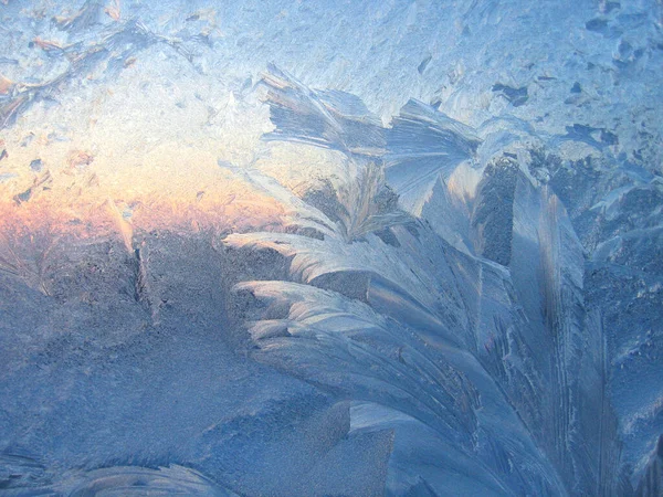 Hermoso Patrón Hielo Luz Del Sol Primer Plano Vidrio Ventana — Foto de Stock