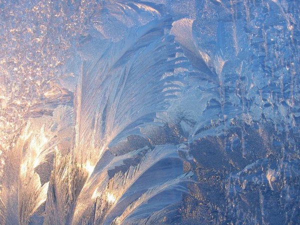 Beautiful Ice Pattern Sunlight Close Window Glass Early Morning Natural — Stock Photo, Image