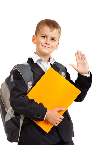 Colegial con libro naranja — Foto de Stock