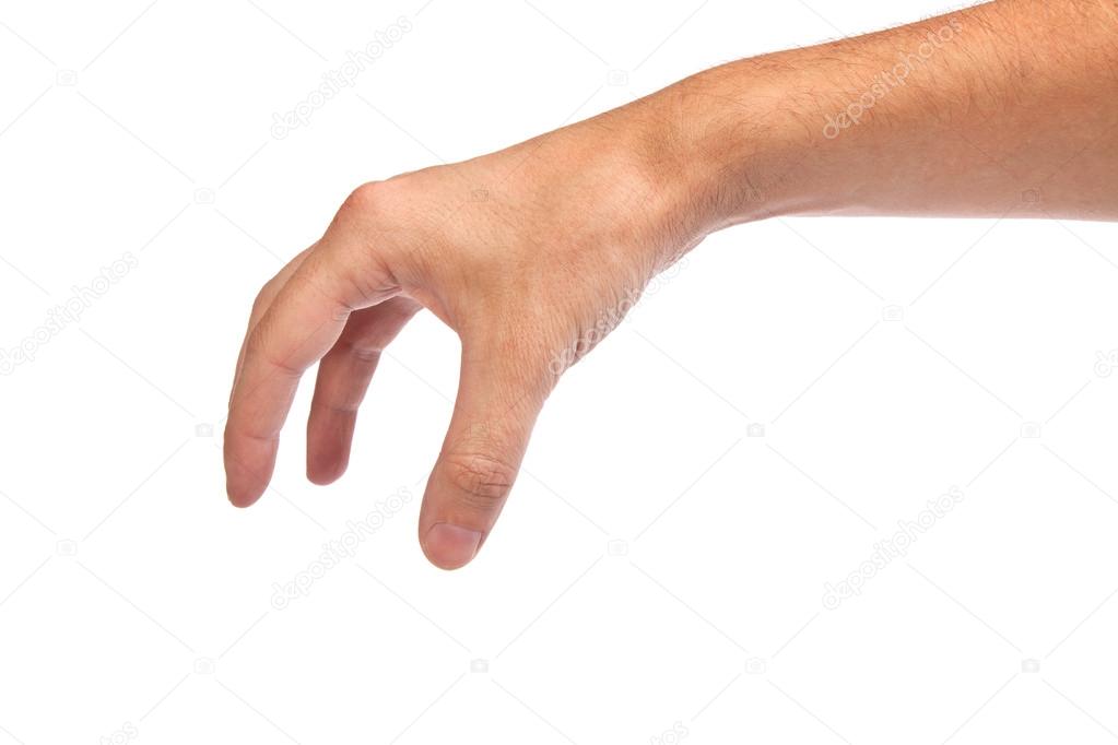 Male hand reaching for something on white
