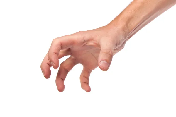Mannelijke hand die reikt naar iets op wit — Stockfoto