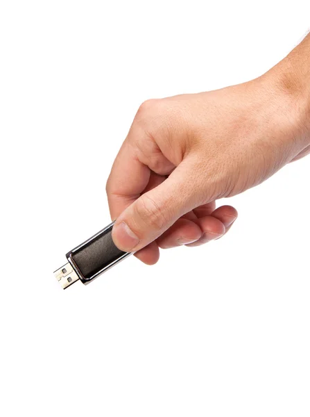 Close-up beeld: de hand houden zwarte USB-gegevensopslag of aansluiten — Stockfoto