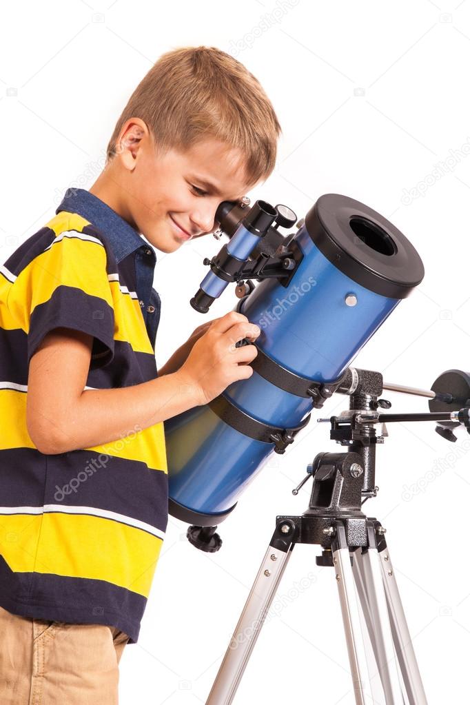 Child Looking Into Telescope on white