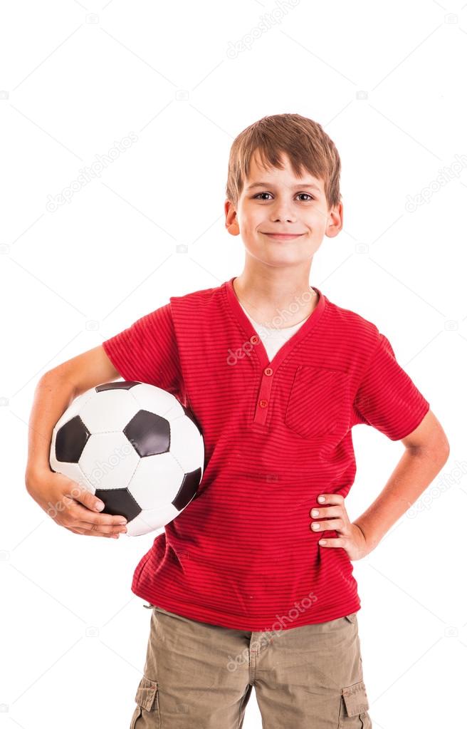 Cute boy is holding a football ball. Soccer ball