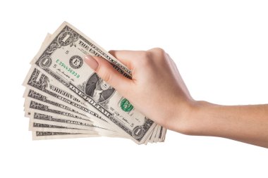 Female hand holding money dollars isolated on white background clipart