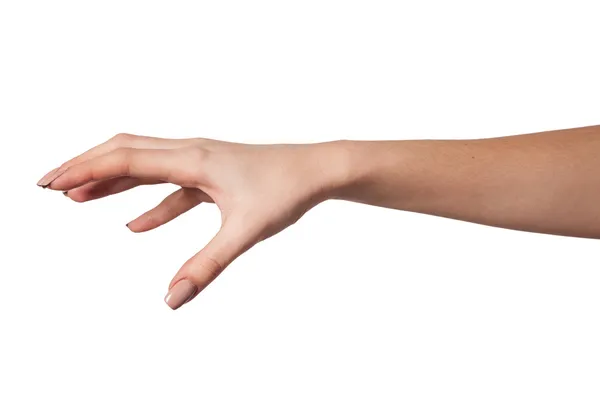 Female hand reaching for something on white — Stock Photo, Image