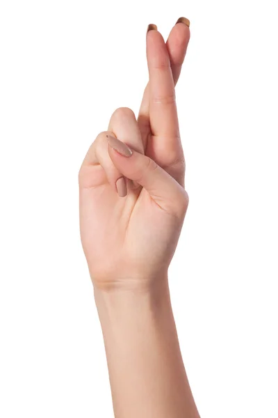 Dedos cruzados simbolizando boa sorte isolado em branco — Fotografia de Stock