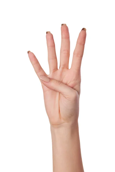 Hand gesture number four closeup isolated on white — Stock Photo, Image