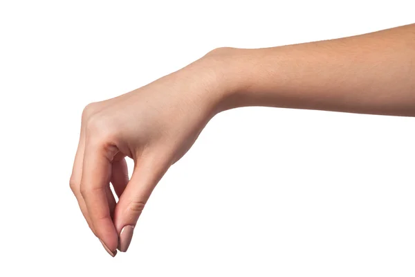 Weibliche Hand greift nach etwas auf Weiß — Stockfoto