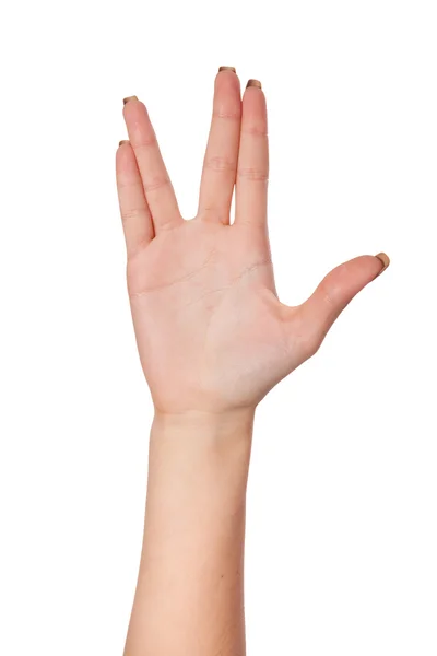 Female palm hand vulcan gesture, isolated on white — Stock Photo, Image