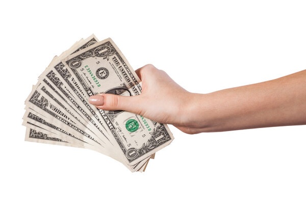 Female hand holding money dollars isolated on white background