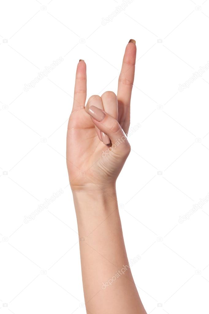 A woman's hand giving the Rock and Roll sign