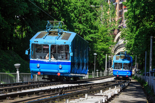 Funicular trains moving on the hill