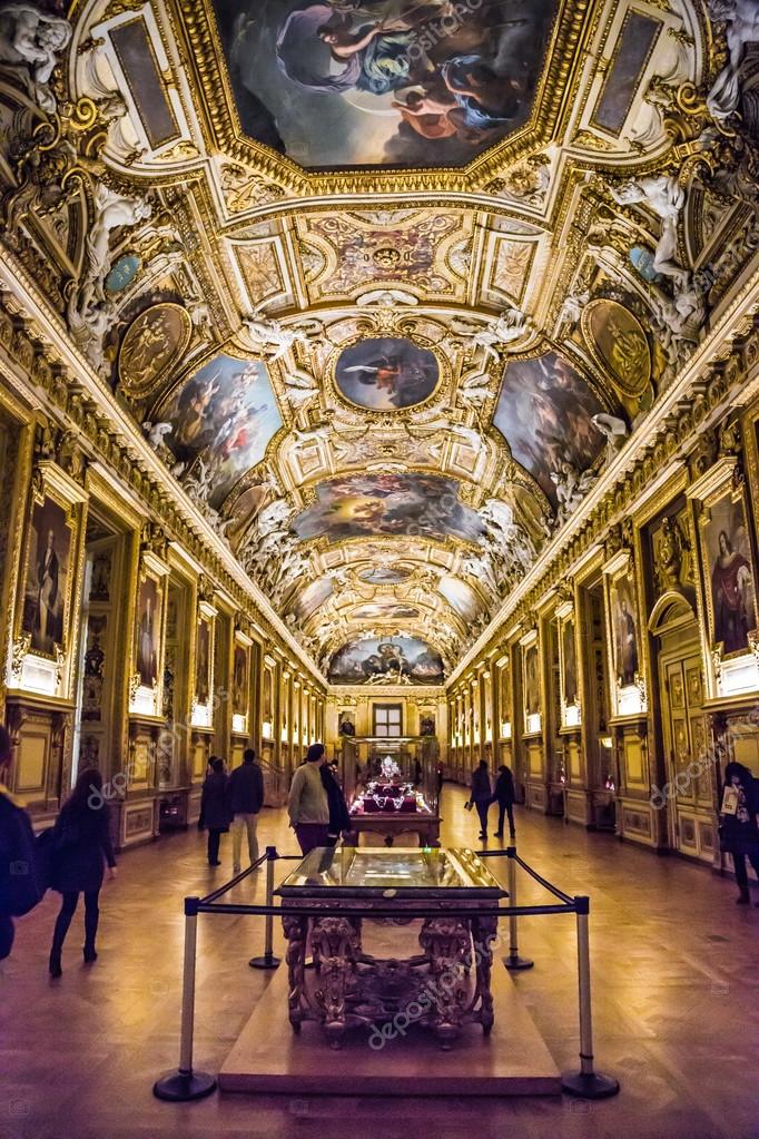 Large painting gallery at the Louvre museum in Paris Stock Editorial