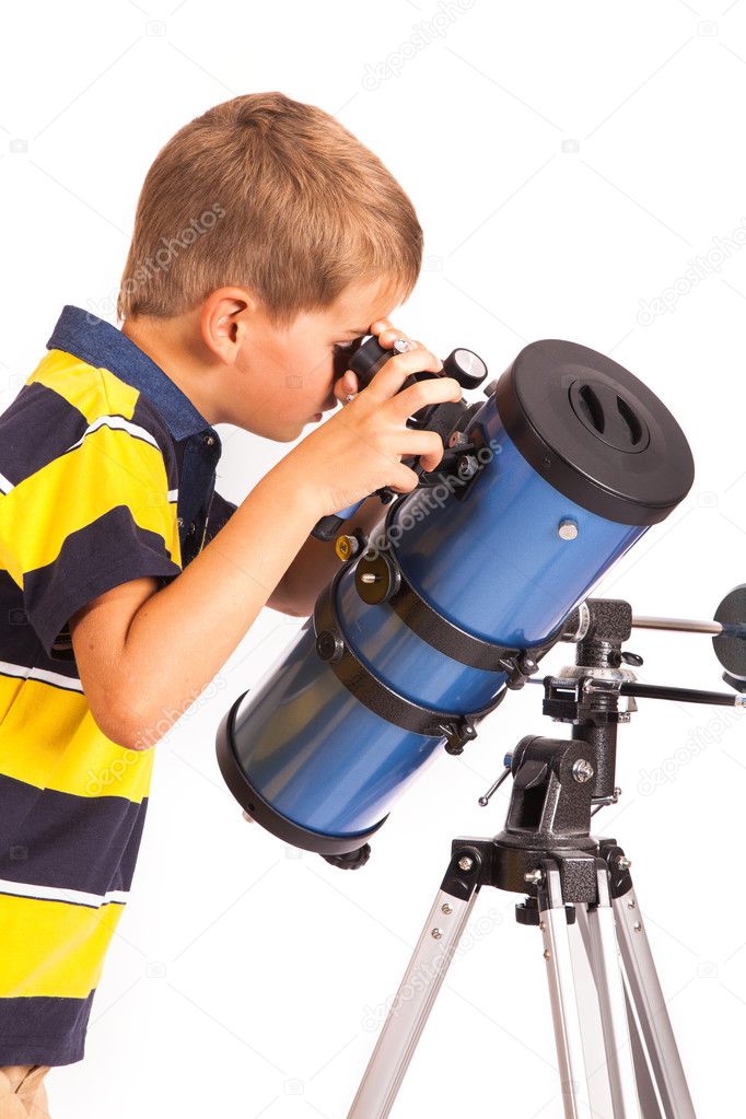 Child Looking Into Telescope on white