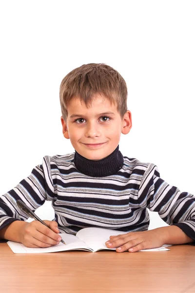 Cute schoolboy is writting — Stock Photo, Image