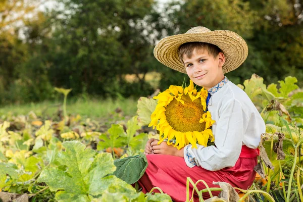 Joven niño feliz celebrar girasol en un jardín —  Fotos de Stock