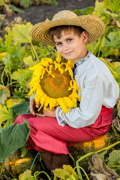 Jovem menino feliz segurar girassol em um jardim — Fotografia de Stock