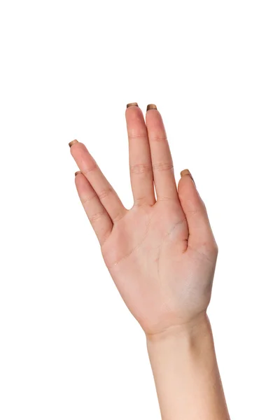 Vrouwelijke palm hand vulcan gebaar, geïsoleerd op wit — Stockfoto