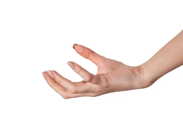 Female hand reaching for something on white — Stock Photo, Image