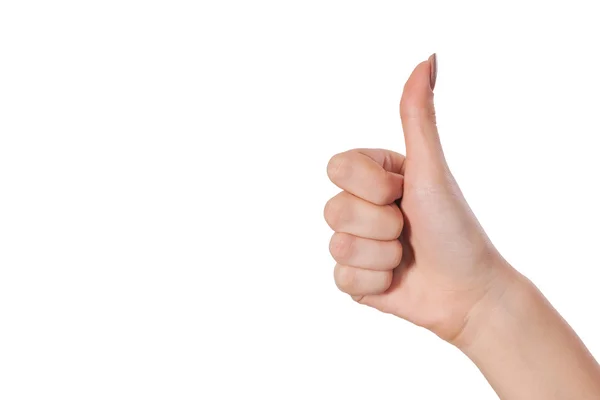 Female hand showing thumbs up sign isolated on white — Stock Photo, Image