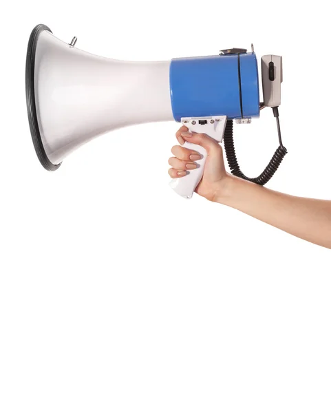 A woman is holding a loudspeaker — Stock Photo, Image